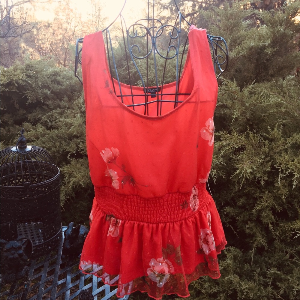 Willow Red Smocked stretchy mesh lined Peplum Tank Top - Picture 13 of 13
